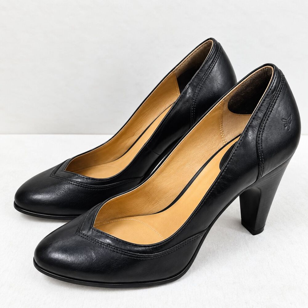 FRYE Celeste Pumps Womens 8M Black Leather Almond Toe Block Heel Office Workwear